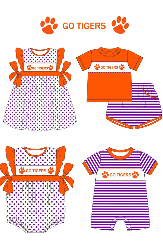 Sport team clothing custom moq 3 eta 6-8weeks  GO TIGERS ORANGE COLOR SETS AND ROMPER