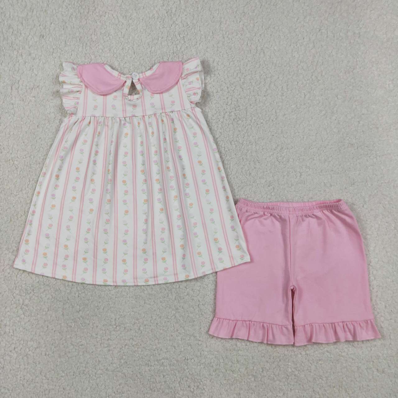 RTS NO MOQ GSSO3363 Baby Girls Pink Flowers And Stripe Collar Tunic with Ruffle Shorts Outfit Set Cute Infant Clothing