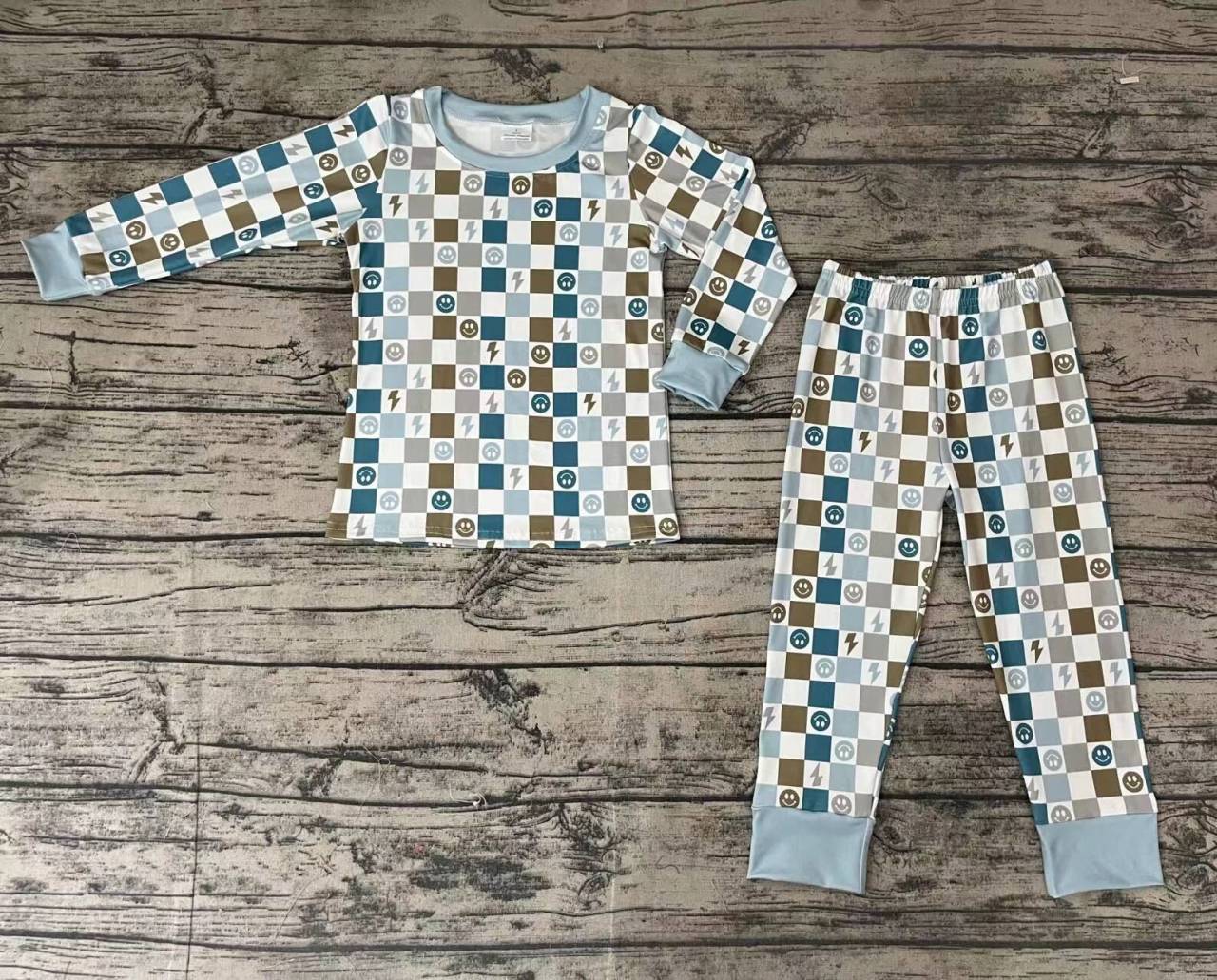 Smiley Lightning Plaid Blue Long Sleeve Trouser Set