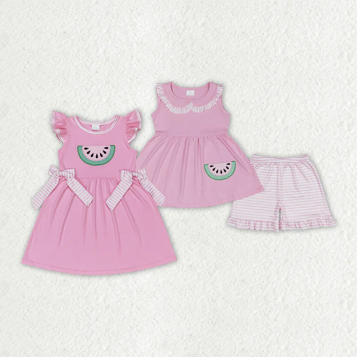 RTS Baby Girls Watermelon Pink Sibling Dress Clothes Sets