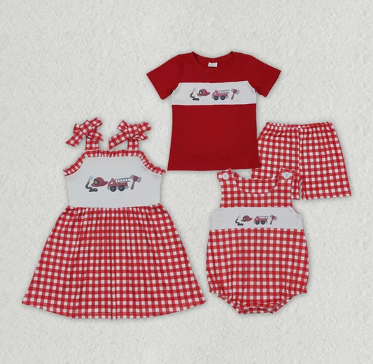 RTS	  Fire Engine Red and White Plaid Lace Slip Dress Sibling Sister Clothes