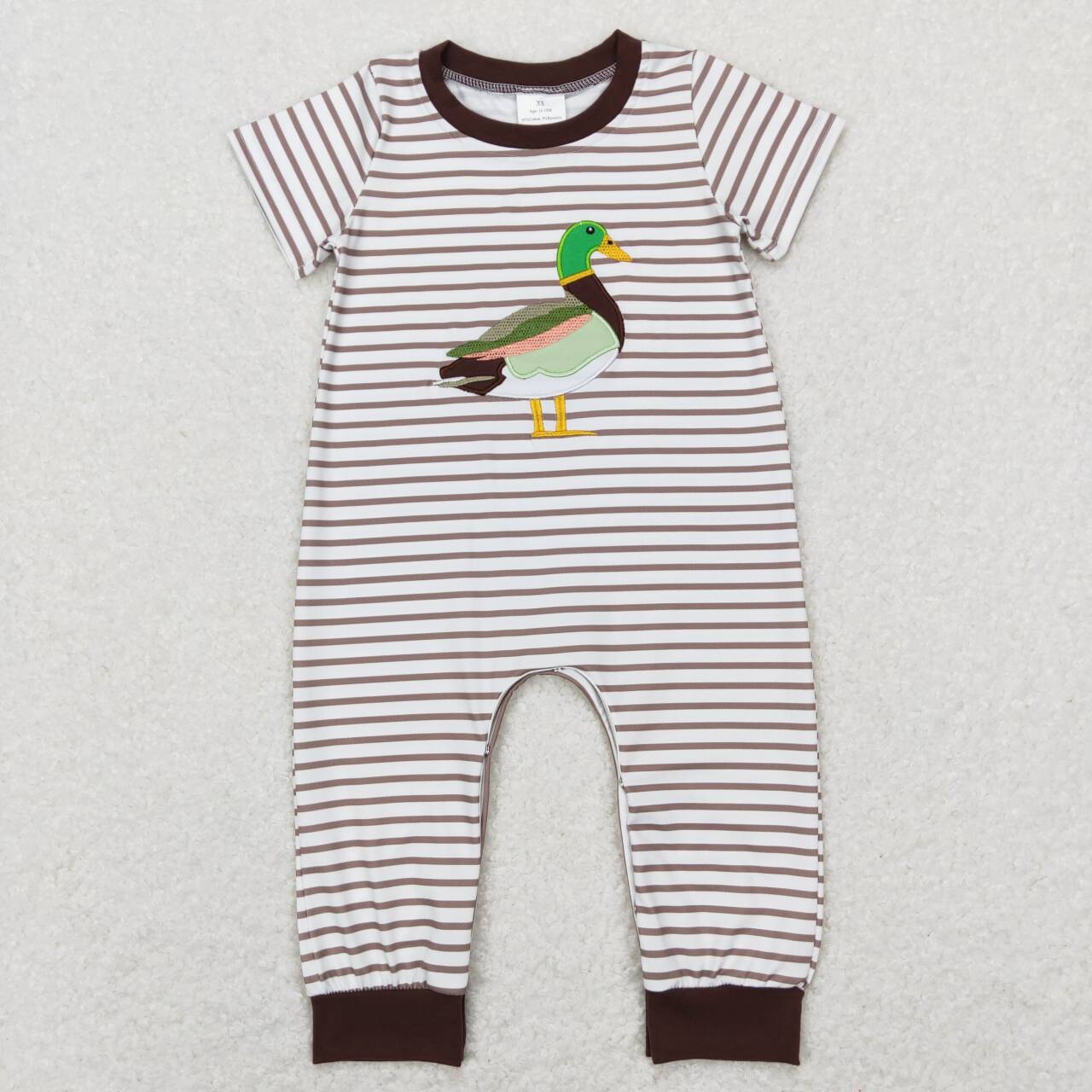 SR0517 Embroidered Duck Stripe Brown Trim Short Sleeve Jumpsuit