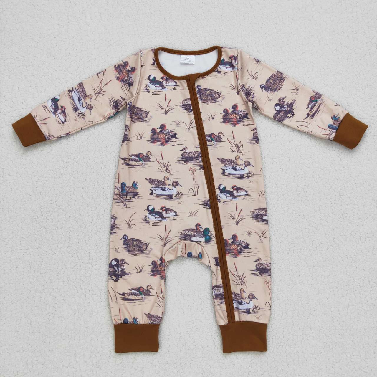 RTS NO MOQ（In Stock) Yuanyang Mallard Brown Zip Long Sleeve Jumpsuit
