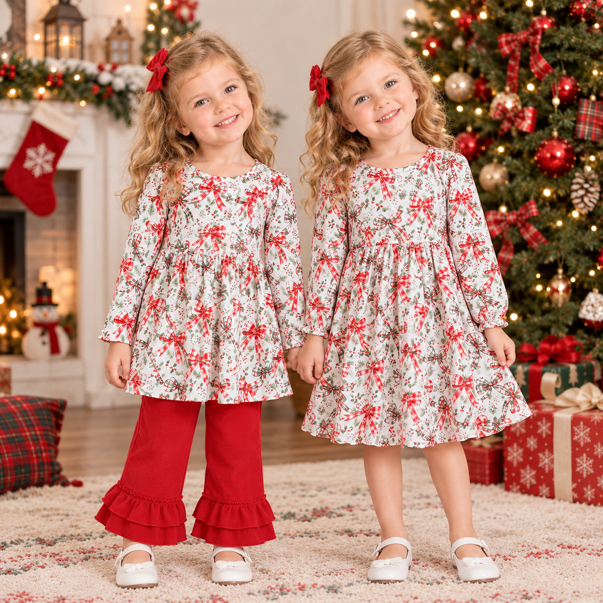 RTS NO MOQ Sibling milk silk Baby Girls Christmas Red Bow Holly Print Long Sleeve Top Solid Ruffle Pant Set Twirl Dress