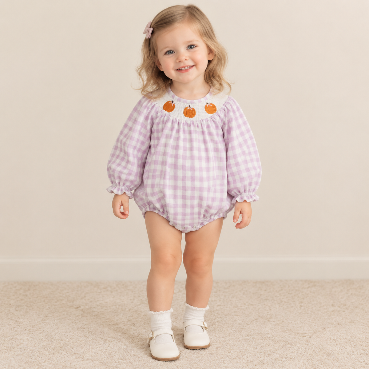 NEW RTS NO MOQ milk silk LR3106 Smocked Baby Girls Pink Checked Pumpkin Print Long Sleeve Ruffle Cute Romper