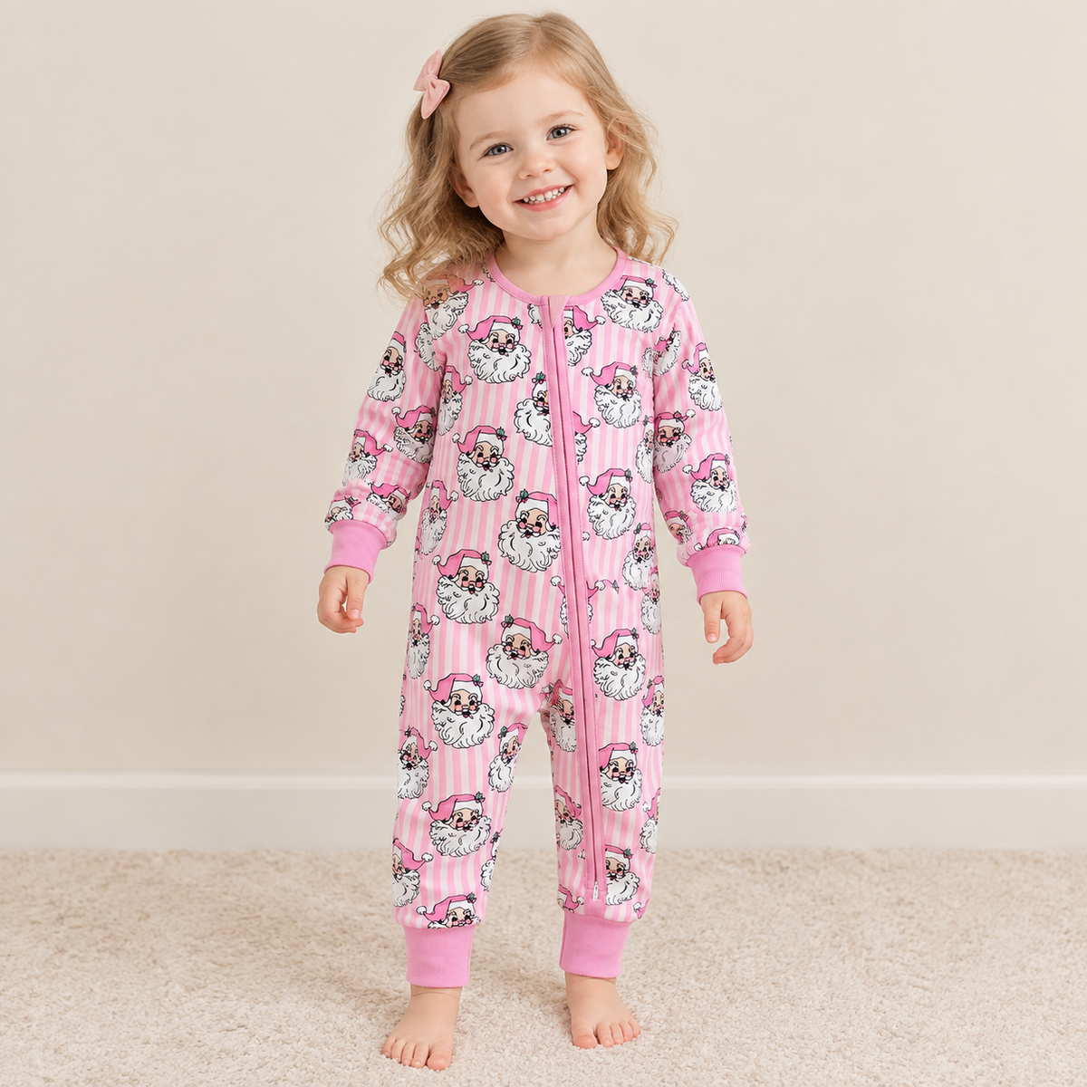 NEW RTS NO MOQ milk silk LR3125 Baby Girls Pink Stripe Santa Christmas Two Way Zip Convertible Long Sleeve Holiday Rompers