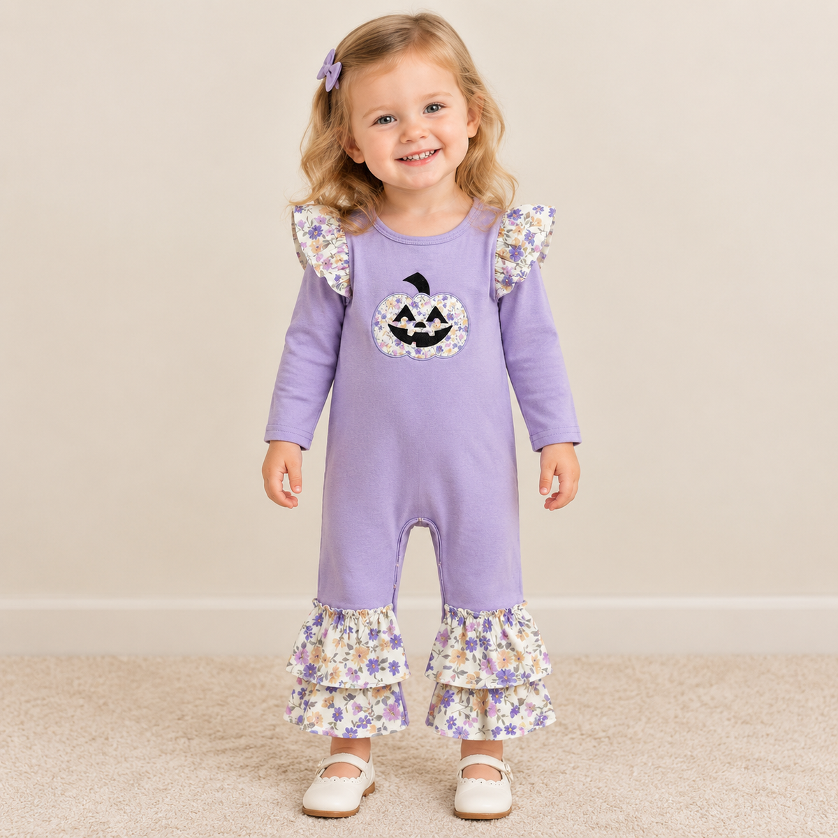 NEW RTS NO MOQ milk silk LR3221 Embroidery Flowers Ghost Pumpkins Baby Girls Halloween Long Sleeve Ruffle Cute Rompers