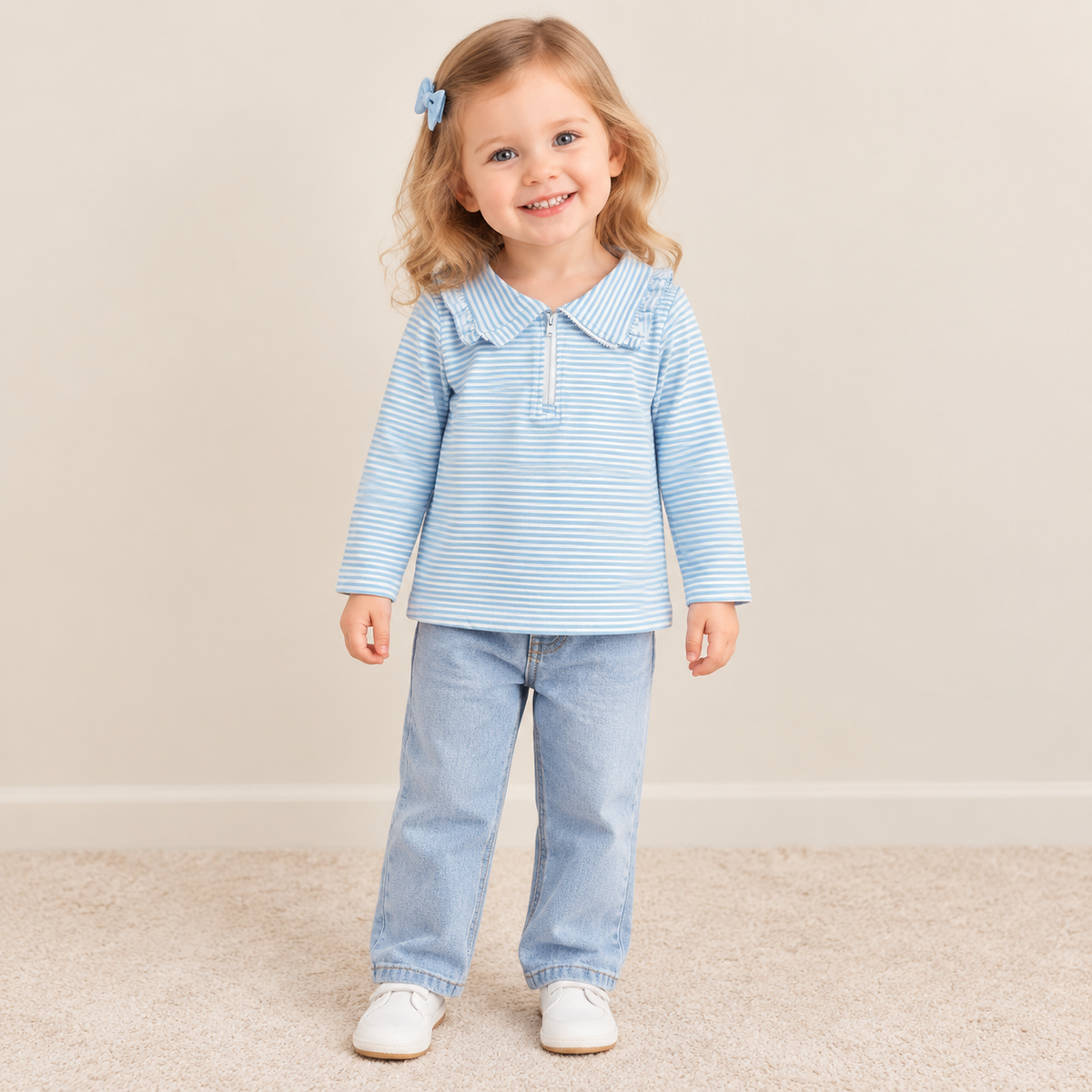 NEW RTS NO MOQ milk silk GT1755 Baby Girls Long Sleeve Blue Stripe Zip Pullovers Top
