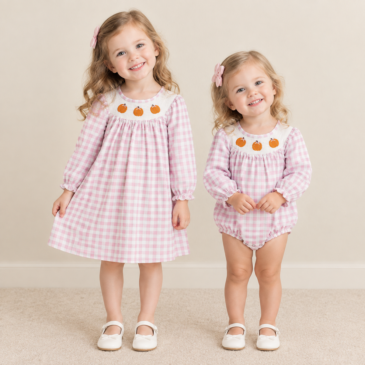 RTS NO MOQ Sibling milk silk Smocked Baby Girls Pink Gingham Pumpkin Embroidery Long Sleeve Dress And Bubble Romper