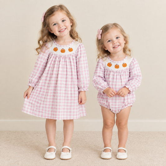 RTS NO MOQ Sibling milk silk Smocked Baby Girls Pink Gingham Pumpkin Embroidery Long Sleeve Dress And Bubble Romper