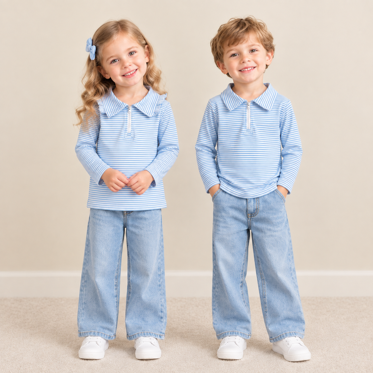 RTS NO MOQ Sibling milk silk Baby Girls Boys Blue White Stripe Collar Long Sleeve Half Zip Top