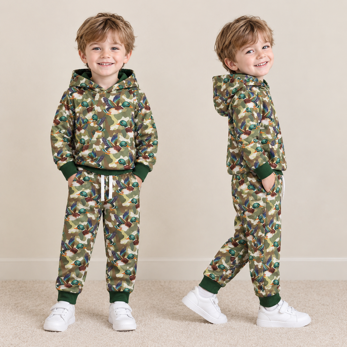 NEW RTS NO MOQ milk silk BLP1543 Baby Boys Green Camo Ducks Hoodie Pockets Jogger Set Fall Casual Outfit