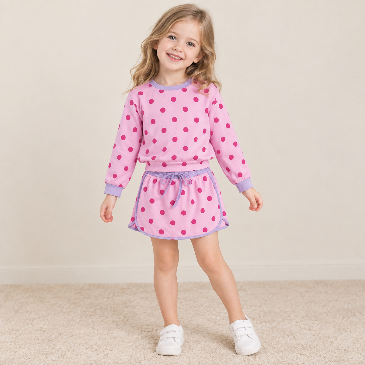 NEW RTS NO MOQ milk silk GLD1763 Baby Girls Pink Polka Dot Long Sleeve Top Drawstring Skort Set