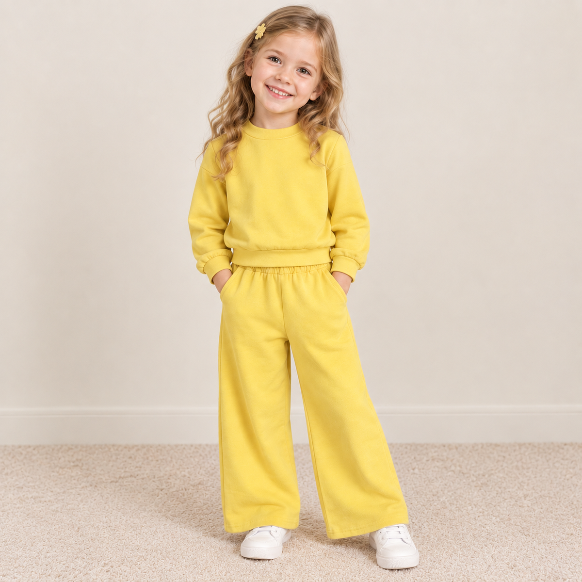 NEW RTS NO MOQ cotton GLP3473 Baby Girls Yellow Pocket Long Sleeve Top Flare Pants Sleepwear Casual Set