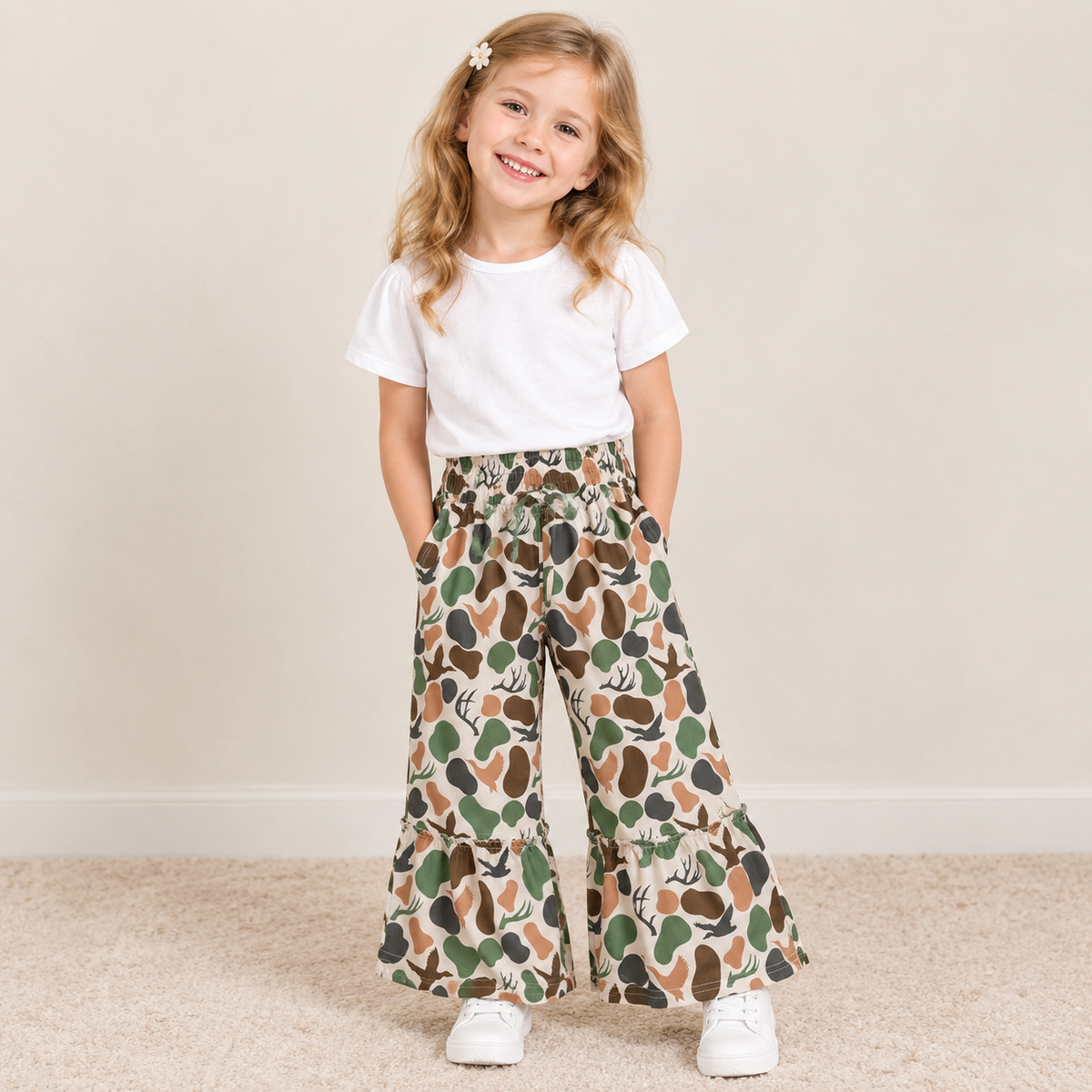 NEW RTS NO MOQ milk silk P1065 Baby Girls Green Brown Camo Deer Ducks Bell Bottom Pants Cute Bottom