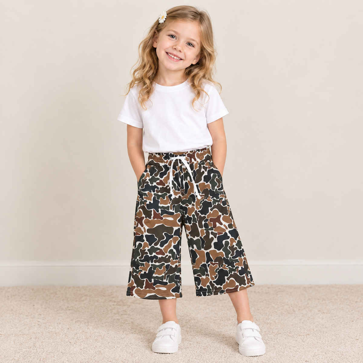 NEW RTS NO MOQ yoga fabric P1104 Yoga Baby Girls Dark Brown Camo Print Yoga Active Elastic Waist Pockets Flare Pants Bottom