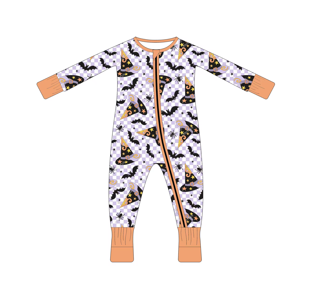 Custom moq 3 eta 6-8 weeks Bat witch hat purple and white plaid long romper