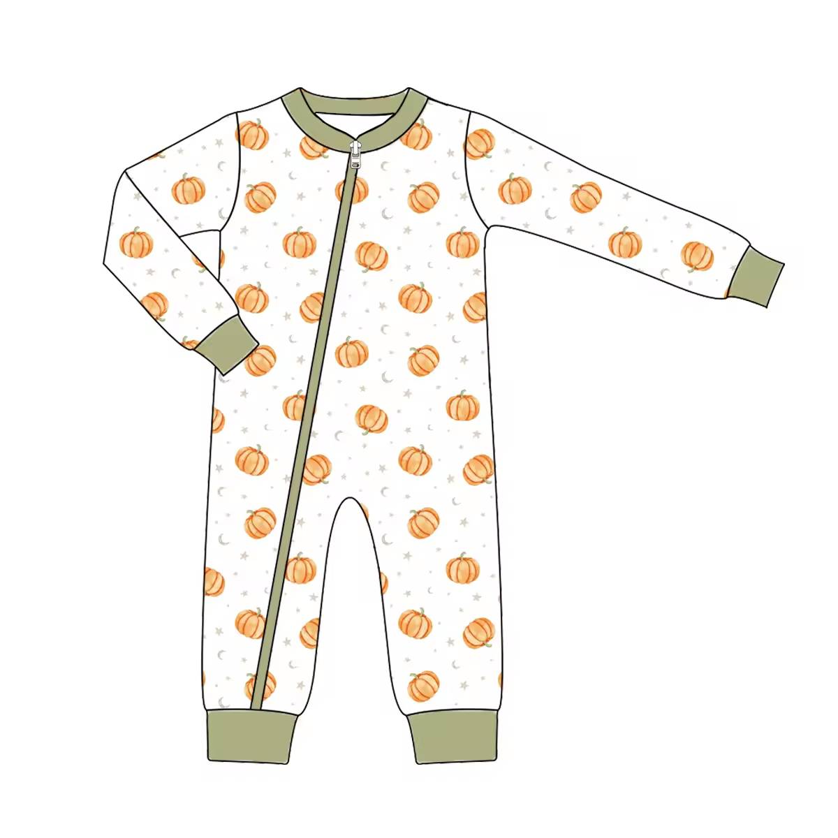 Custom moq 3 eta 6-8 weeks Long Sleeve Pumpkin White and Green Romper