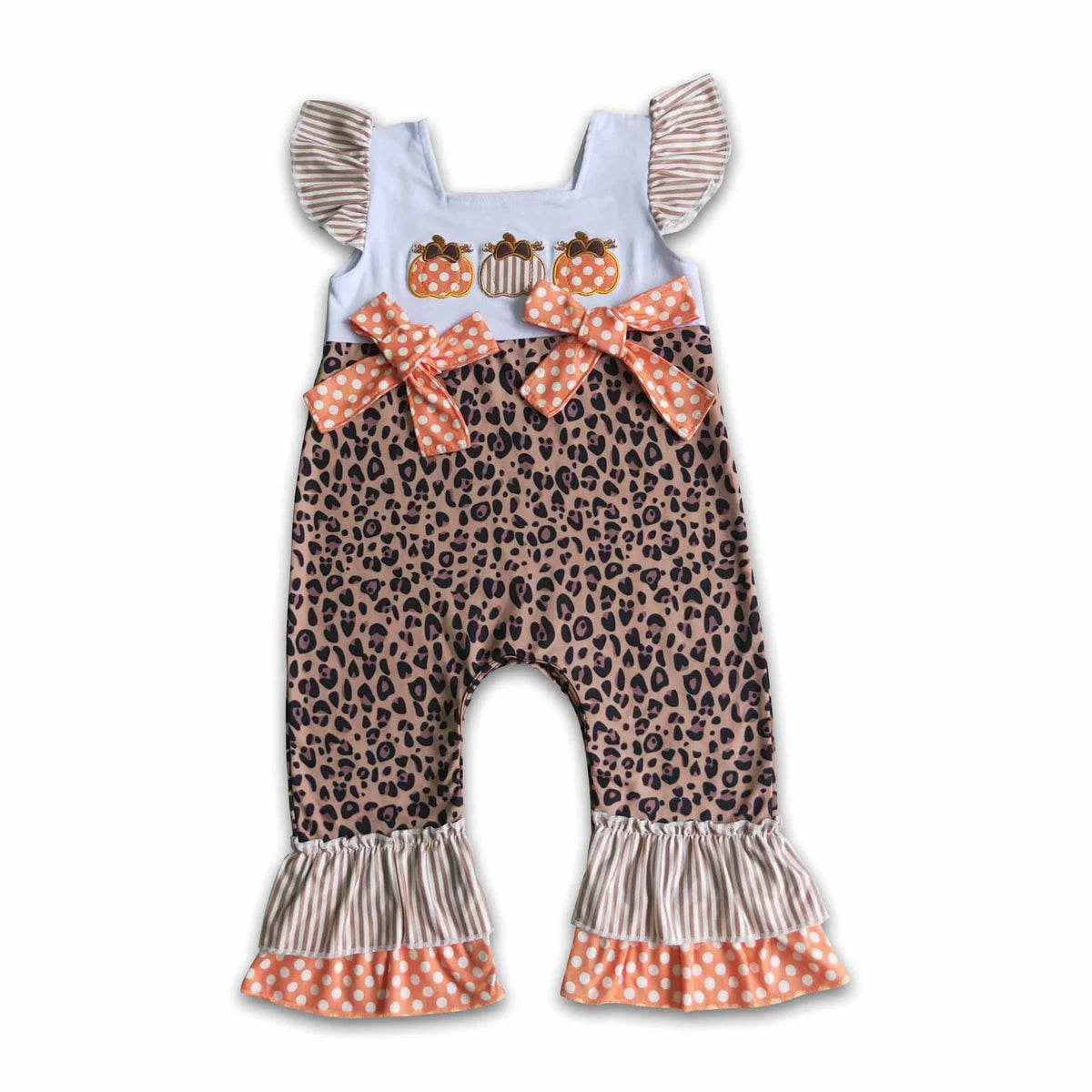 RTS NO MOQ Sibling milk silk Embroidery Pumpkin Baby Girls Leopard Flutter Sleeve Fall Casual Dresses Bow Rompers
