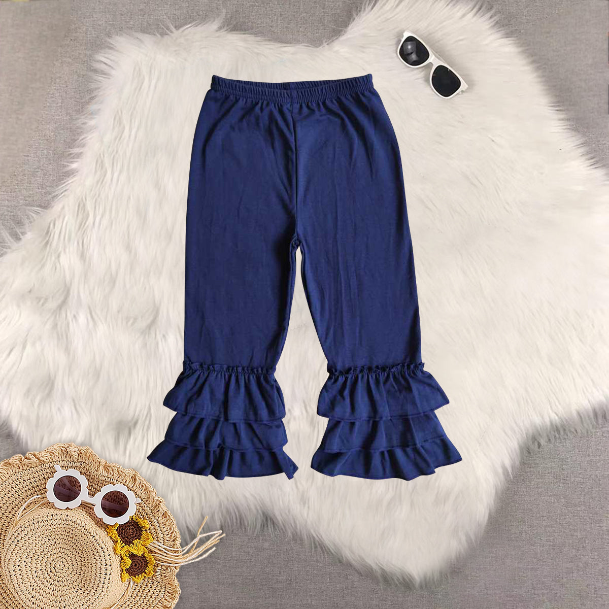 RTS NO MOQ Sibling baby girl clothes Double ruffled hem straight-leg trousers