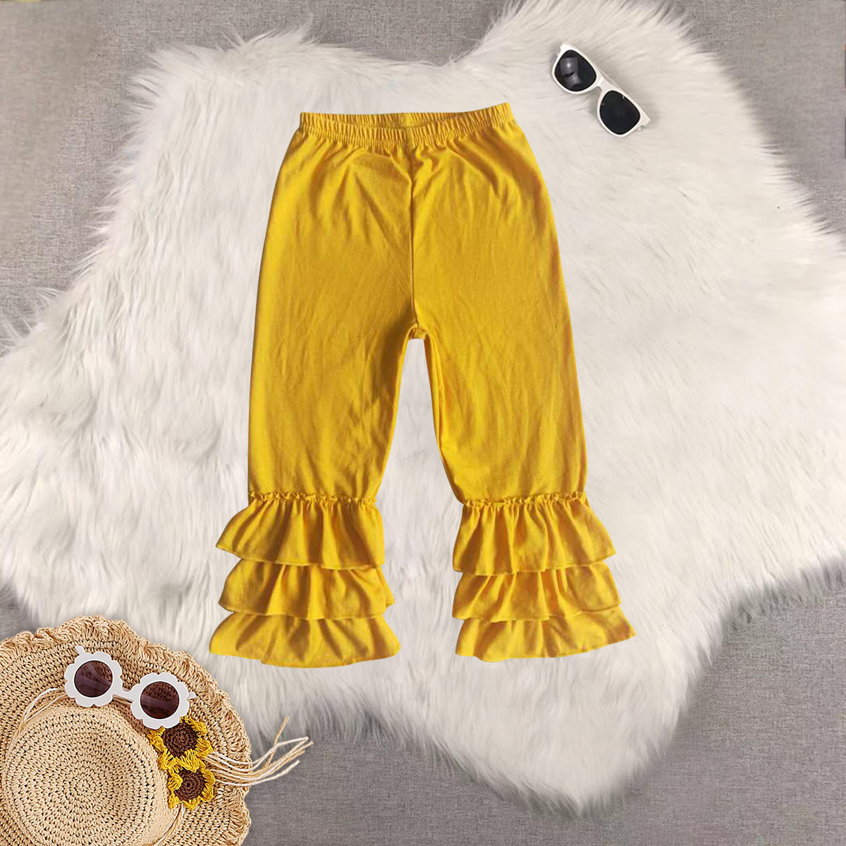 RTS NO MOQ Sibling baby girl clothes Double ruffled hem straight-leg trousers