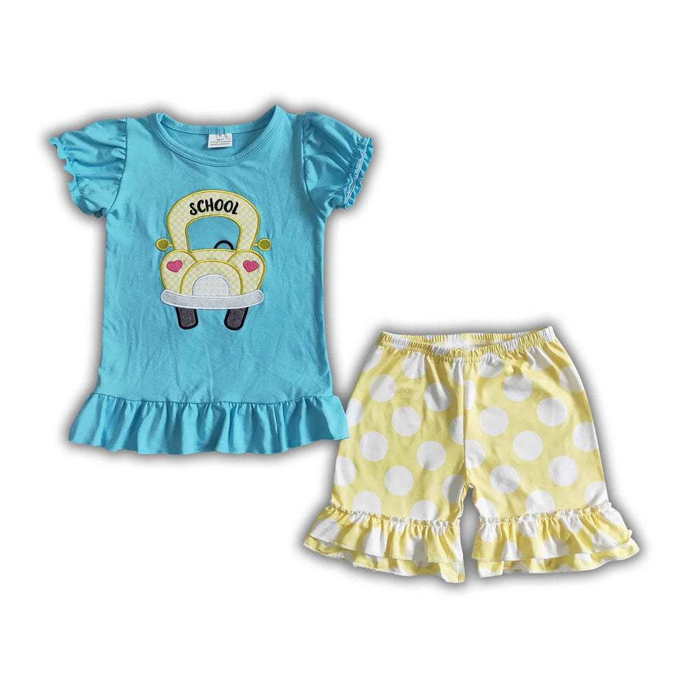 RTS NO MOQ Sibling milk silk Baby Girls Blue School Bus Print Short Sleeve Tee Elastic Waist Shorts Back To School Clothes Set Dresses(2T-14-16T）