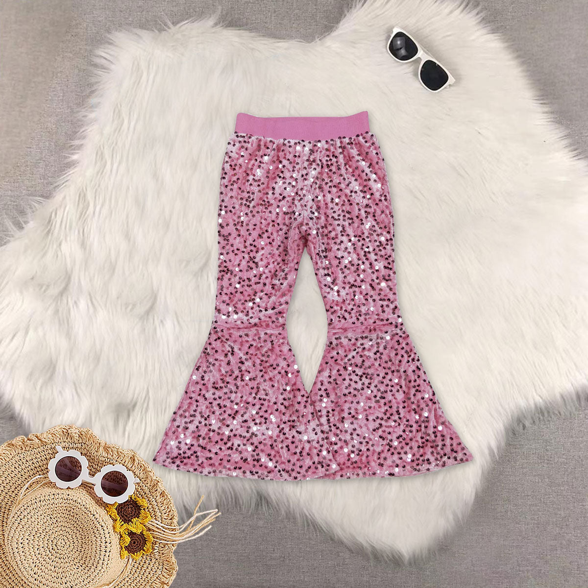 RTS NO MOQ Sibling baby girl clothes bow long sleeved top pink sequined pants set and top and pants