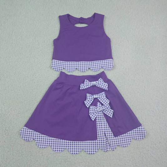 NEW RTS NO MOQ yoga fabric GSD4225 Baby Girls Purple Sleeveless Vest Bows Scallop Skirt Shorts Yoga Active Set