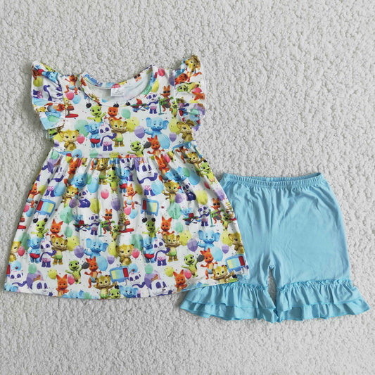 Cute Clothes  D7-27 Baby Girls Summer Animals Ruffles Shorts Clothes Set