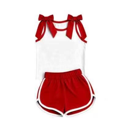 custom moq 5 mix size Baby Girls White Sleeveless Tank Top With Red Bows Shorts Summer Clothes Set