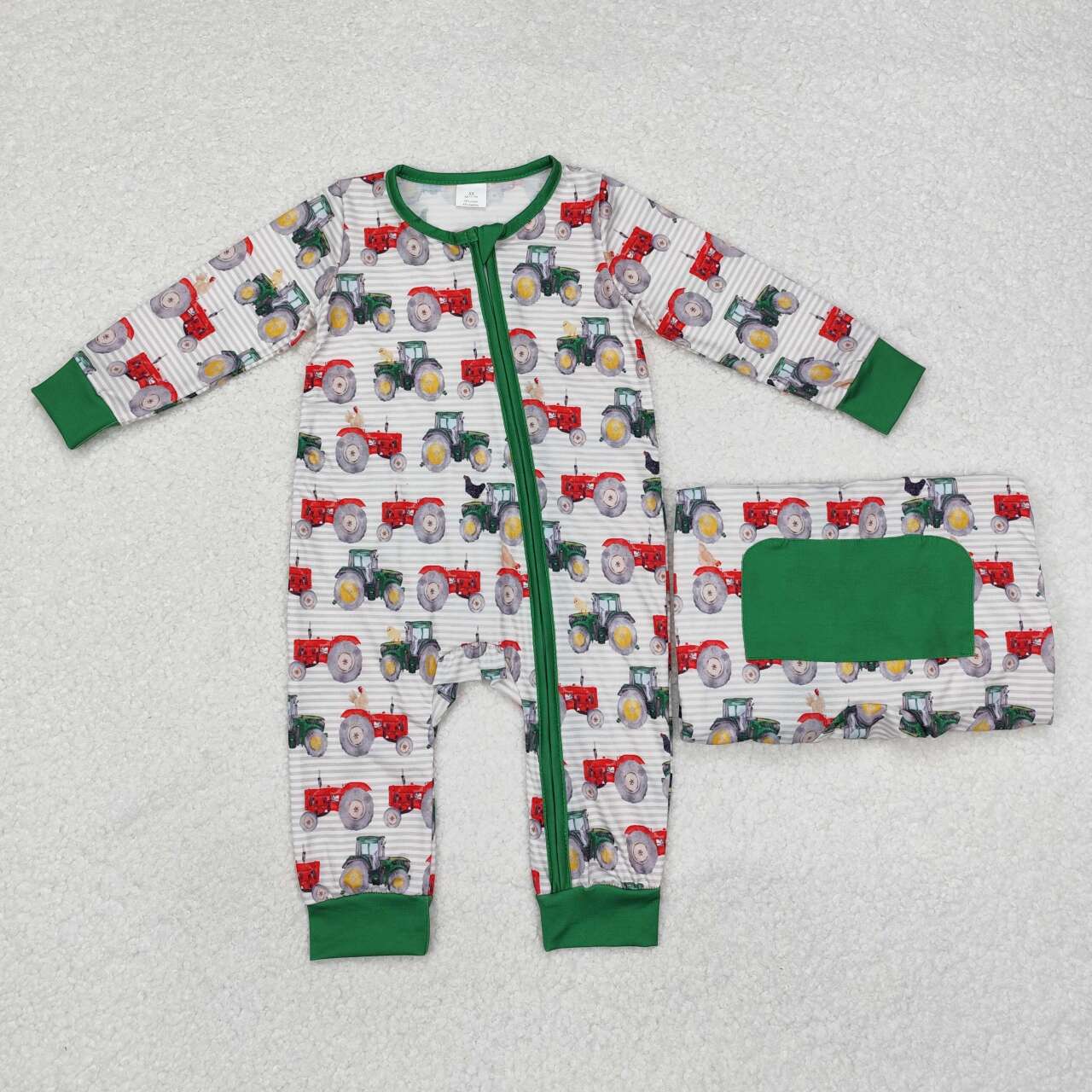 RTS NO MOQ（In Stock) Modal tractor stripe green hemmed zipper long sleeves