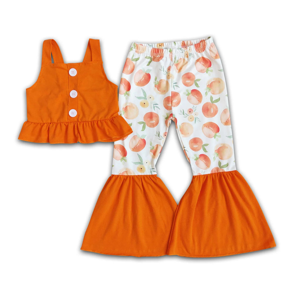 RTS NO MOQ Sibling milk silk Baby Girls Cute Peach Fruit Print Spaghetti Straps Top And Elastic Waist Shorts Set Rompers