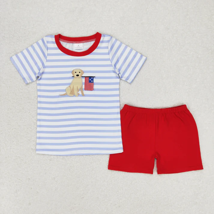RTS NO MOQ  Baby Girls 4th Of July Dog Flag Sibling Rompers Clothing Sets embroidery