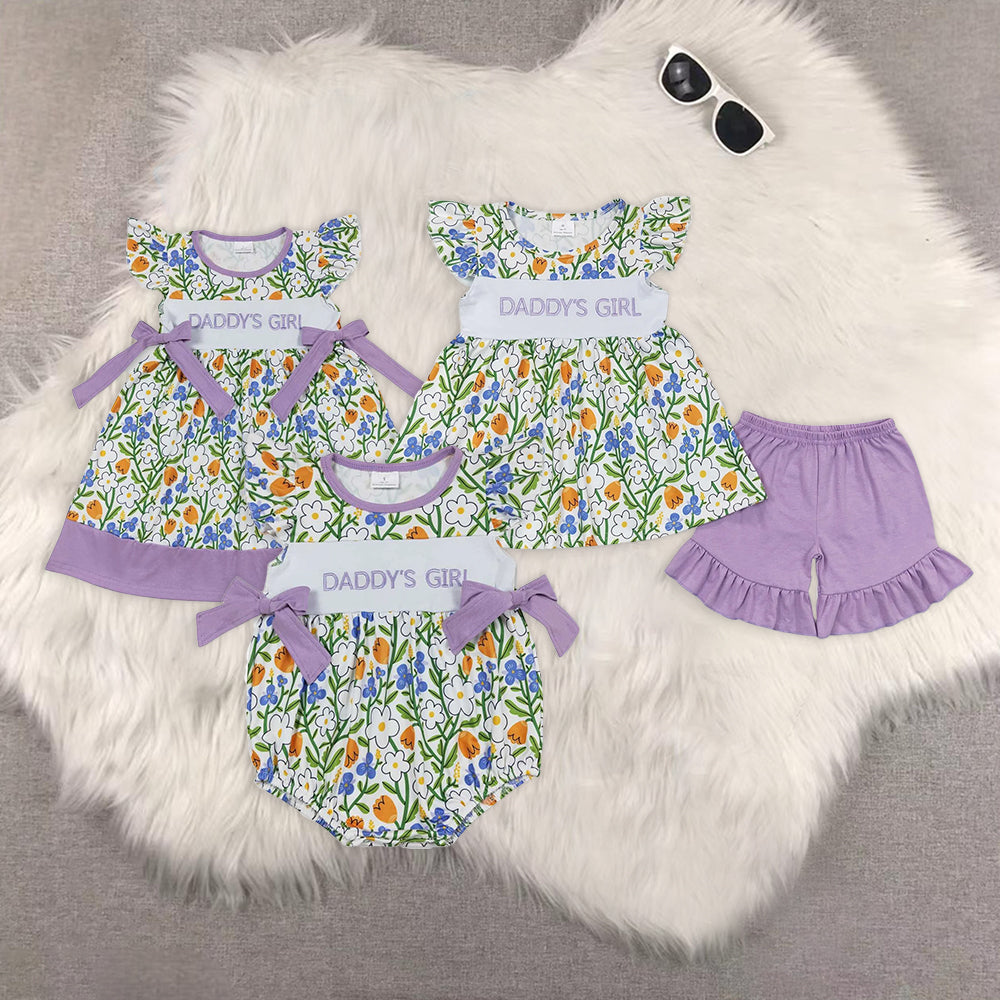 RTS daddy's girl embroidery letters flowers purple flowers Sibling Sister Clothes Sets