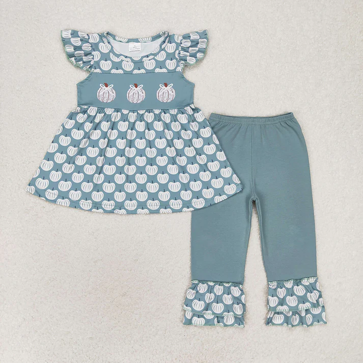 RTS NO MOQ Baby Girls Green Flutter Sleeve Pumpkins Sibling Clothes Sets