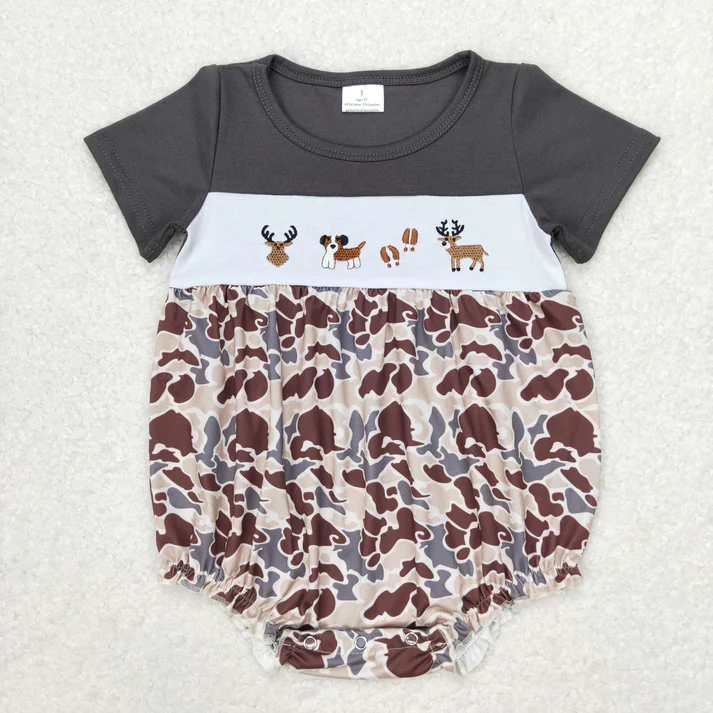 RTS NO MOQ  Baby Girls Camo Dogs Deer Hunting Sibling Boys Rompers Clothes Sets dog embriobery style