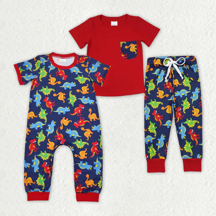 RTS NO MOQ Baby Boys Sibling Rompers Red Dinosaur Pants Clothes Sets red cotton top