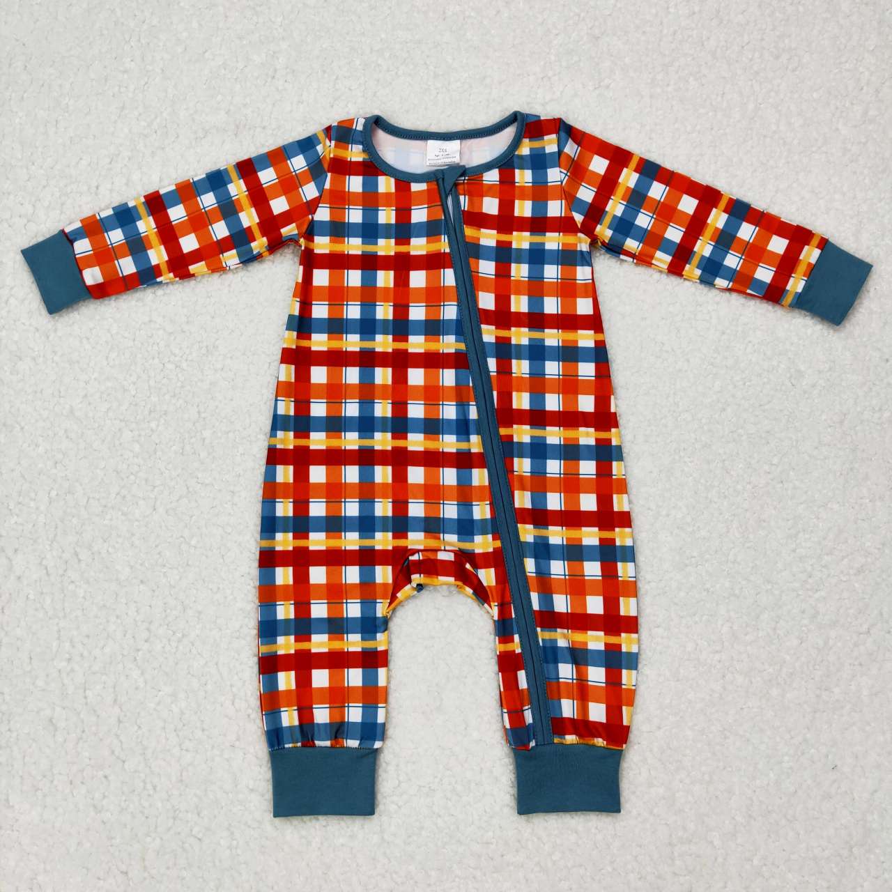 RTS NO MOQ（In Stock) LR0622 Orange and green plaid zipper long-sleeved jumpsuit