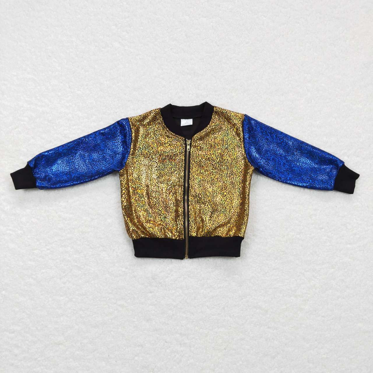 RTS NO MOQ（In Stock ) Blue sleeves golden zipper jacket long sleeve top