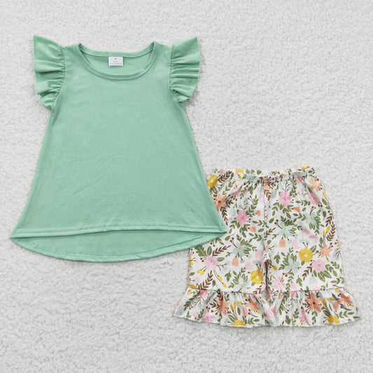 GSSO0297 Girls Green Flower Flying Sleeve Shorts Set