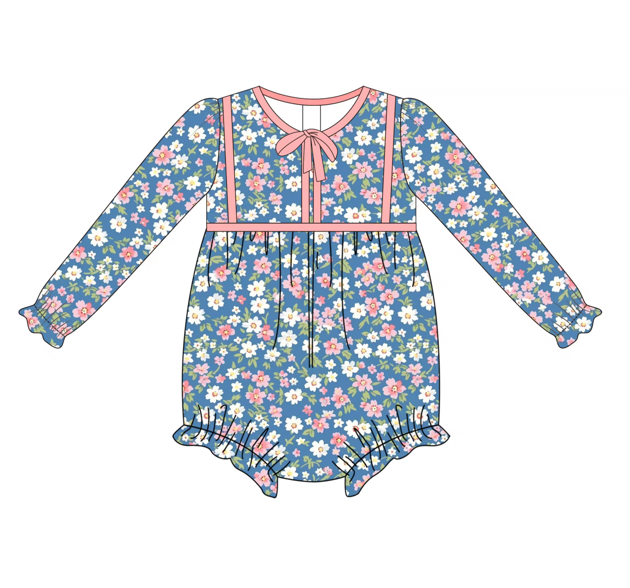 Custom moq 3 eta 6-8weeks Powder blue floral bow neckline short romper