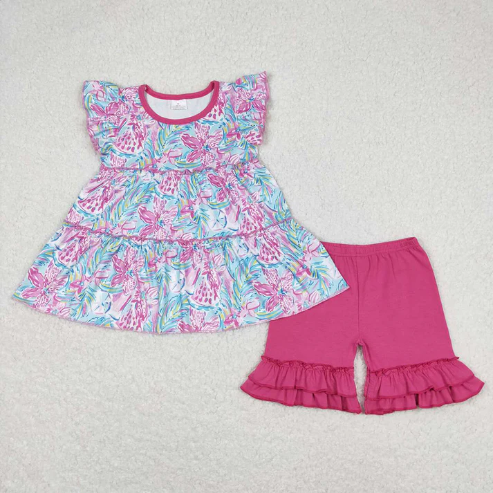 RTS Baby Girls Flowers Tunic Dark Pink Shorts Summer Clothes Sets