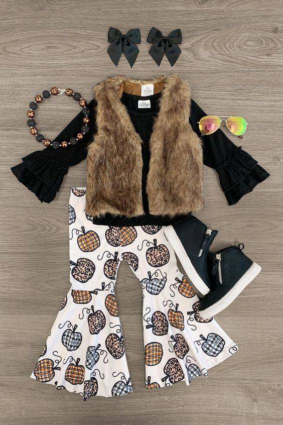 6 A21-4 khaki Plush Vest Jacket+GLP0263 Girls Black Long Sleeve Leopard Pumpkin Pants Set