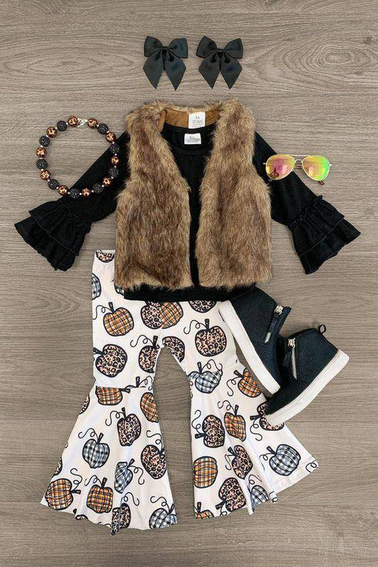 6 A21-4 khaki Plush Vest Jacket+GLP0263 Girls Black Long Sleeve Leopard Pumpkin Pants Set
