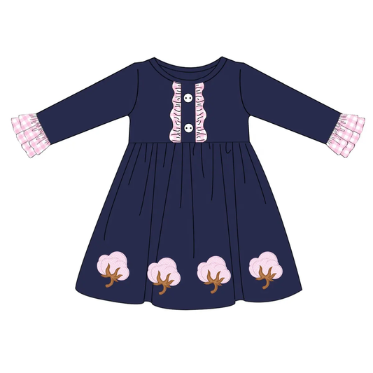 Custom moq 3 eta 7/8week moq 5 eta /4/5week  Navy blue long-sleeved dress with embroidered pink cloud and tree pattern