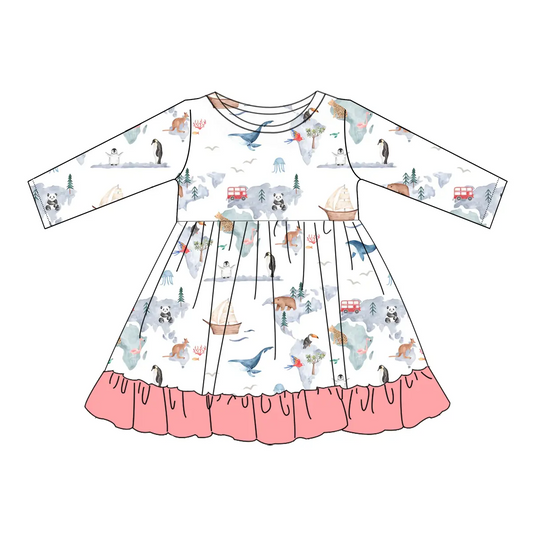 Custom moq 3 eta 7/8week moq 5 eta /4/5week  Ink painting style pink pleated skirt white long-sleeved dress