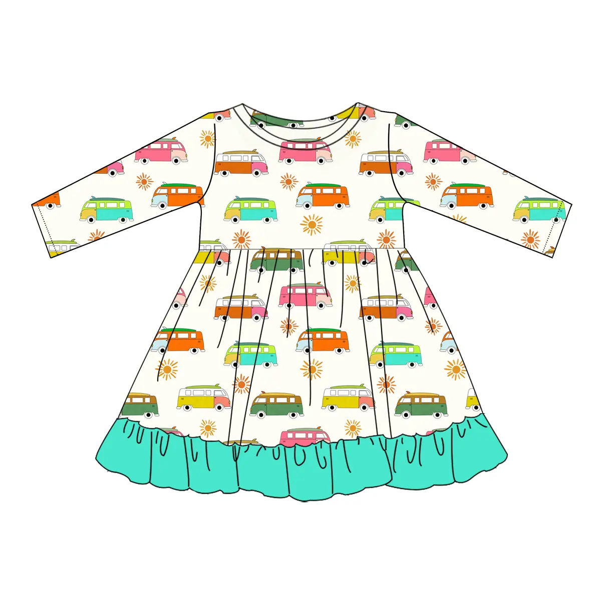 Custom moq 3 eta 7/8week moq 5 eta /4/5week  Sun & School Bus Pattern Lake Green Long Sleeve Dress