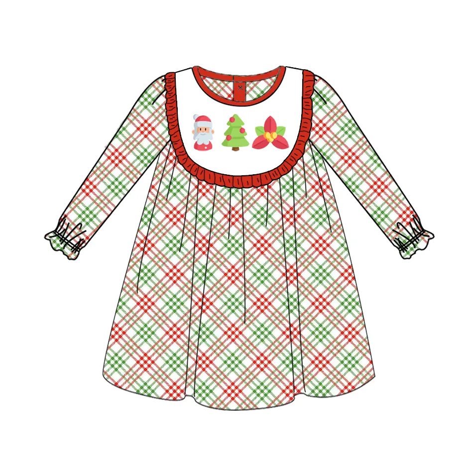 Custom moq 3 eta 6-8weeks Red-Green-Brown Three Lines Plaid Pleated Round Neck Long Sleeve Dress