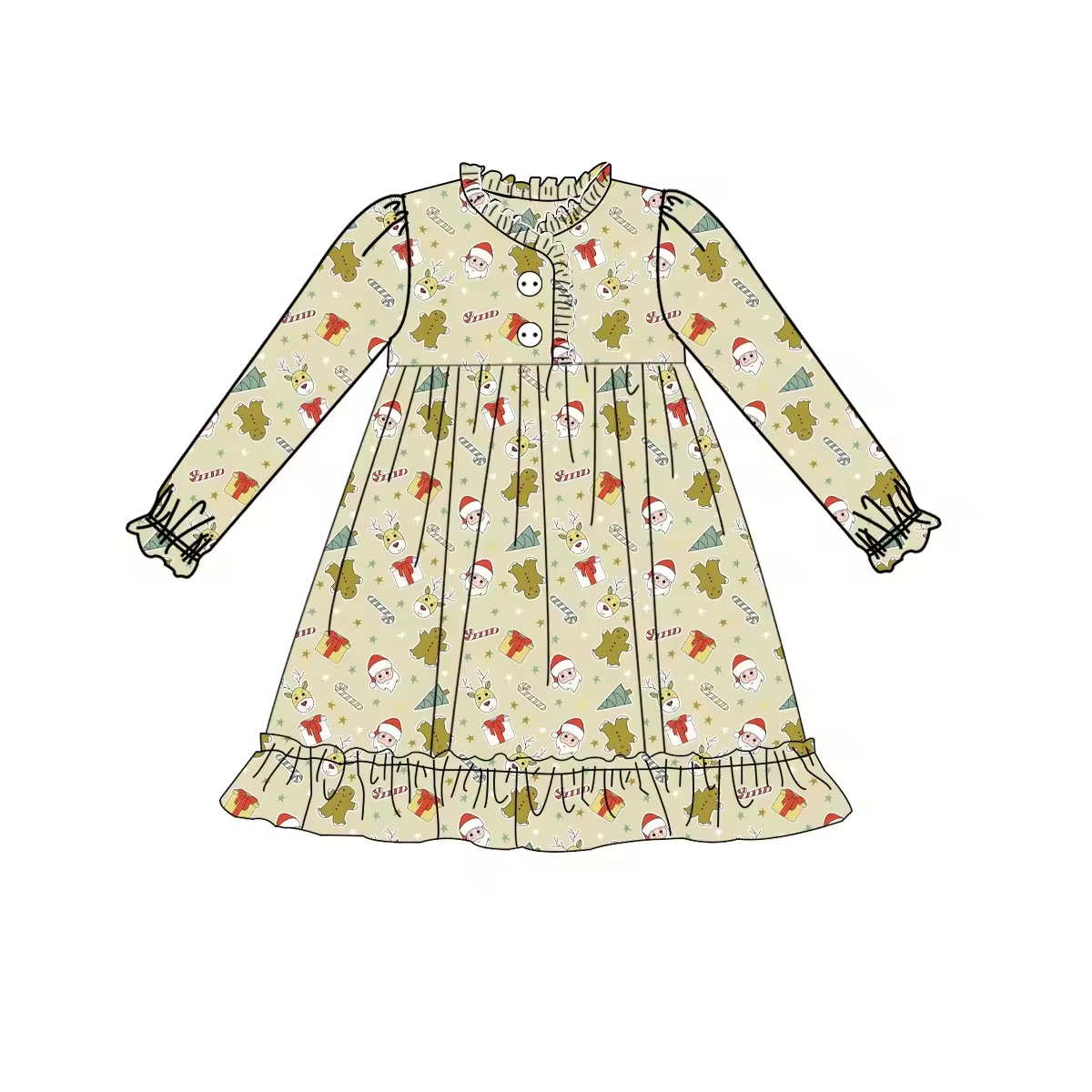 Custom moq 3 eta 6-8weeks Green Cookie Bear-Santa Claus Pattern Long Sleeve Dress