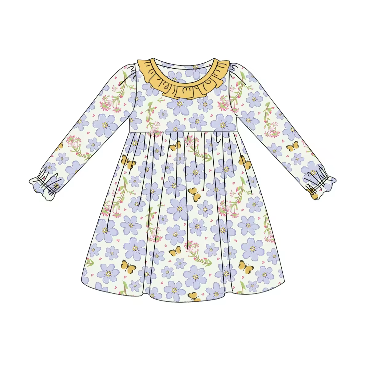 Custom moq 3 eta 6-8weeks Light purple floral yellow ruffled neckline mint green long sleeve dress